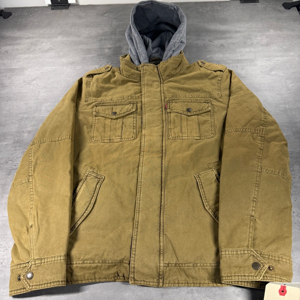 Levis Military Jacket Medn Medium Khaki Brown Hoodie Sherpa Fleece Lined FullZip